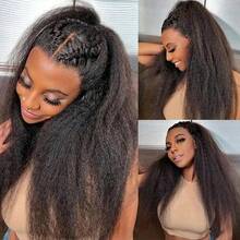 Kinky Straight Half Wig Human Hair 3 In 1 Seamless Flip Over Half Wigs For Women Ready To Go Headband Wig 200% Density Drawstring Kinky Curly Half Wig Glueless Natural Black - Natural Black - 查看 4