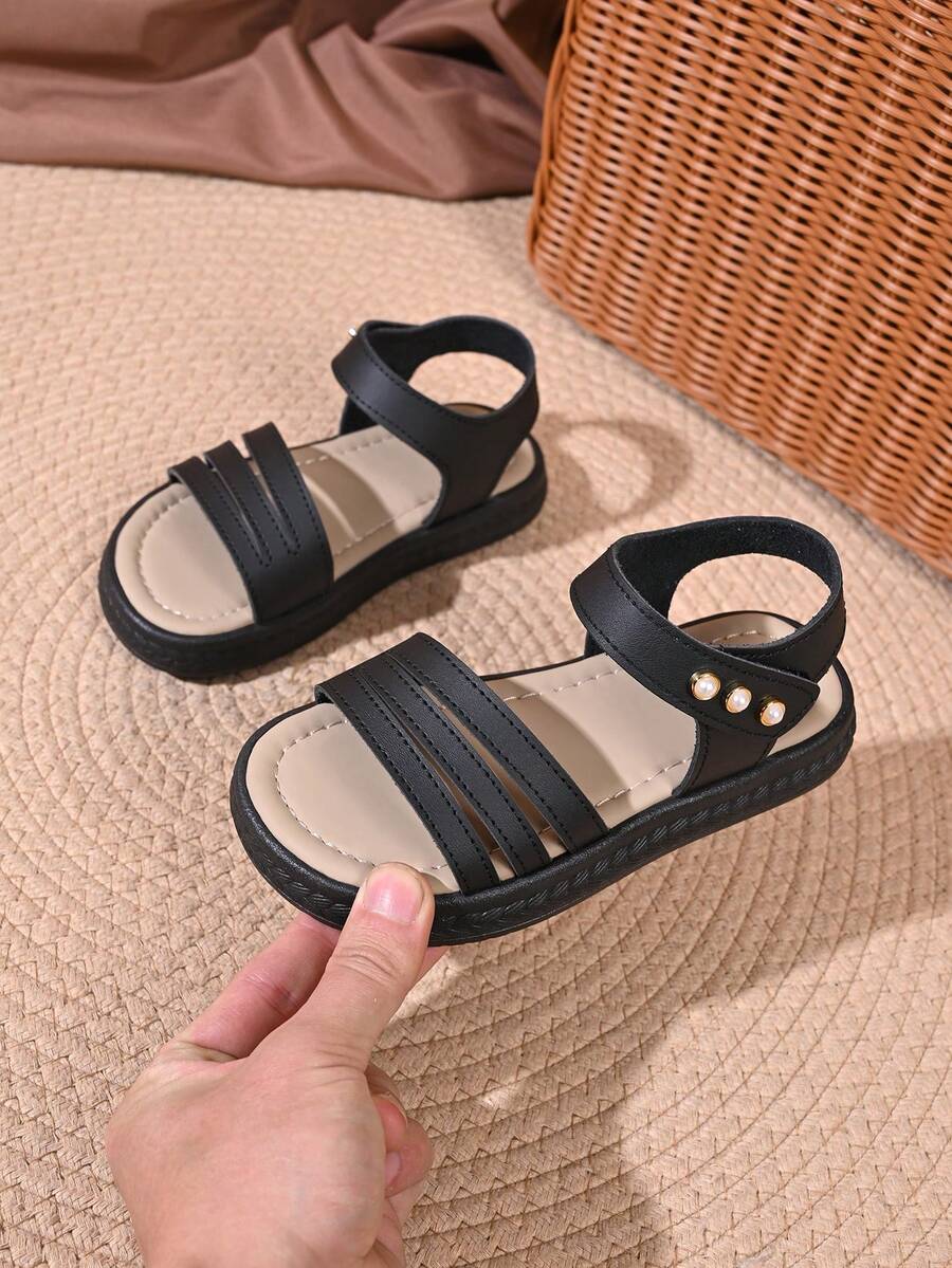 “女童珍珠点缀绑带凉鞋 – 可调节踝带，多绑带设计，柔软缓冲鞋垫，防滑鞋底，时尚夏季休闲鞋” - 黑色 - 查看 1