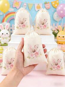 6 túi quà Phục Sinh, túi dây rút bằng cotton họa tiết tai thỏ và hoa, bao bì quà tặng tiệc Phục Sinh, đồ trang trí hóa trang tự làm quà lưu niệm, túi đựng trang sức, thích hợp làm quà tặng Phục Sinh, quà sinh nhật, quà tặng tiệc Phục Sinh, và để đựng đồ dùng hàng ngày. - Tai thỏ - Xem 2
