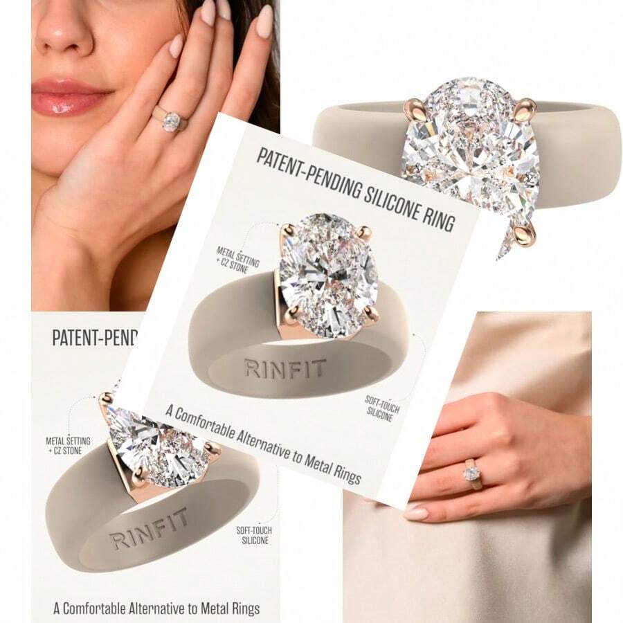 - Anillo de silicona con piedra - Anillo de compromiso sorio de circonita cúa de corte ovalado para mujer alianzas de boda de goma diseño patentado - Desnudo / oro rosa - Ver 1