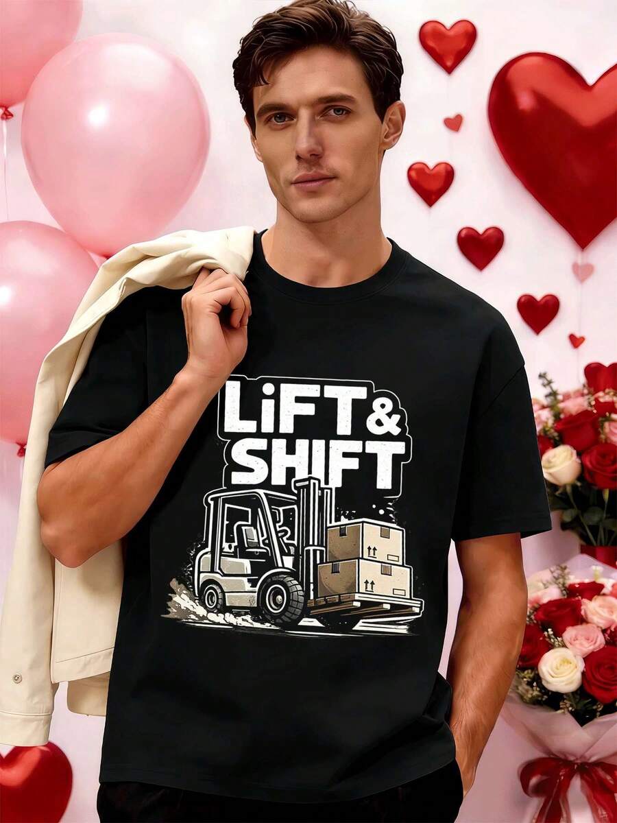 T-shirt con stampa grafica e motivo a forche, girocollo, vestibilità comoda, casual, vestibilità comoda, stampa grafica unica - nero - Visualizzare 1