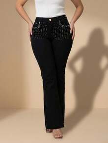 pthirillo Women's Black Flare Jeans With High-Waisted Butt-Lifting Effect And Rhinestone Detail. - 口袋水鑽 - 查看 7