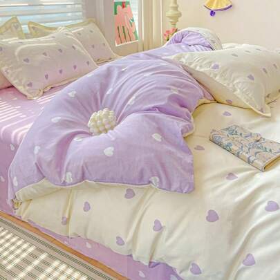 1 Piece Cute Purple Heart Print Duvet Cover Set, Reversible Pastel Yellow Bedding Set, Soft Breathable Microfiber Comforter Cover With Pillowcases For Girls Room Decor