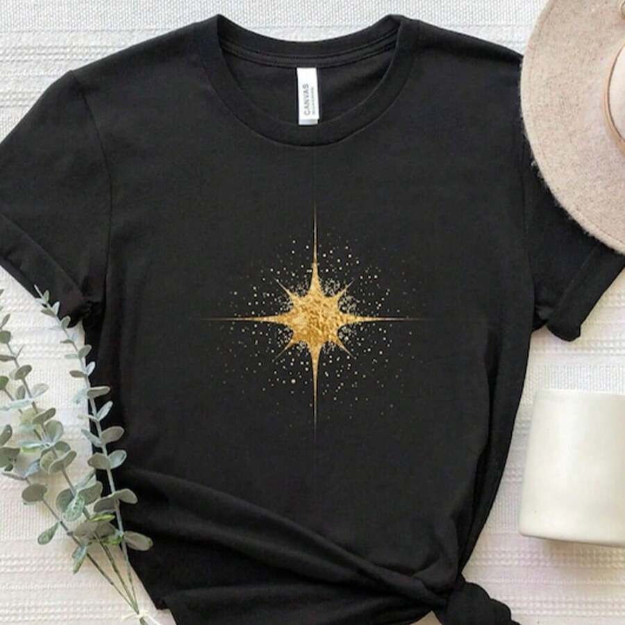 Golden Pole Star Shirt Crescent Pole Star T-Shirt Celestial Pole Star Shirt Celestial Shirts Ast - 黑色 - 查看 1