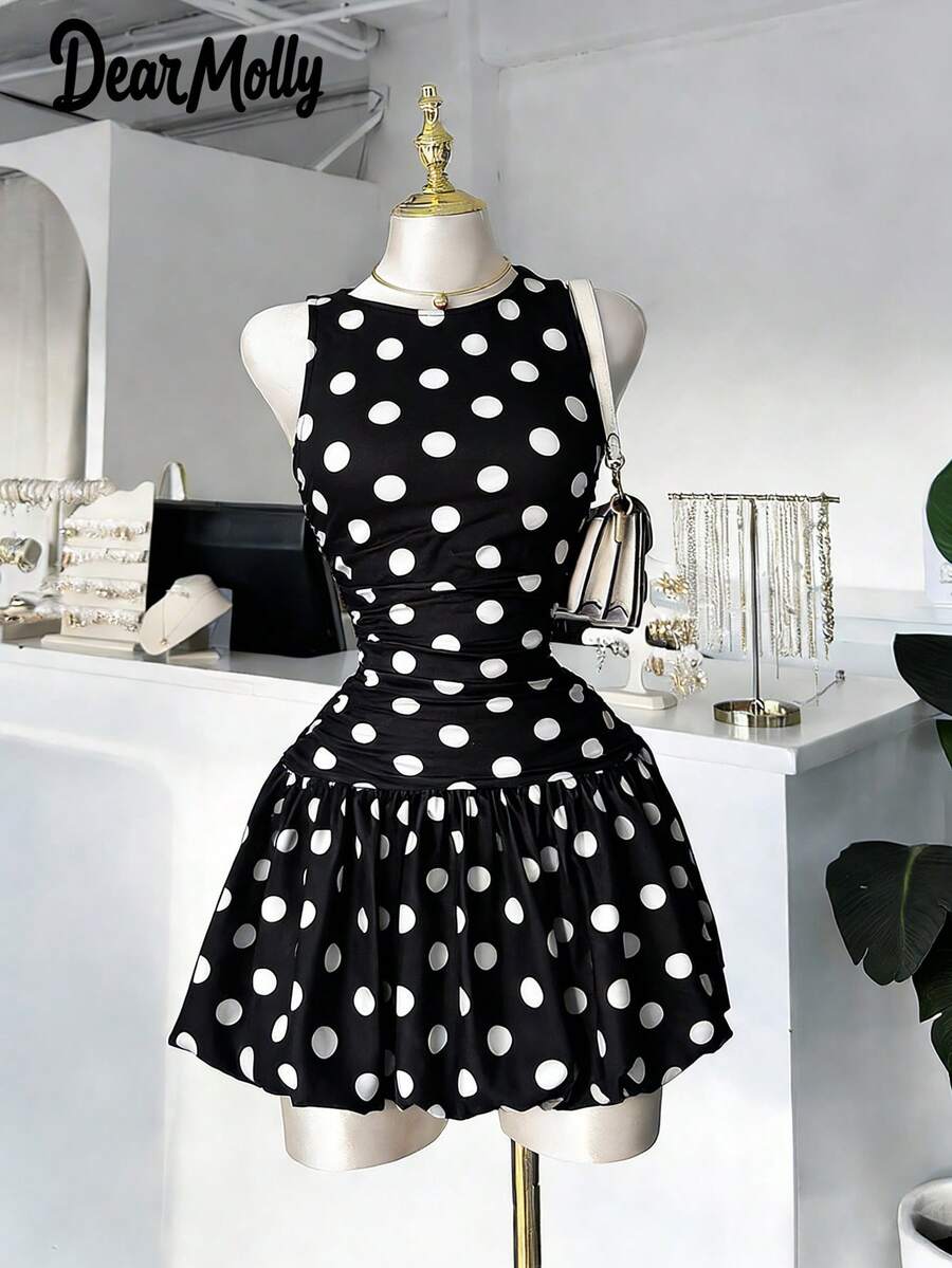 Đầm ngắn không tay cổ tròn chấm bi thanh lịch dành cho nữ của DEAR MOLLY, thích hợp cho các dịp trang trọng, kỳ nghỉ, tiệc tùng, hẹn hò, một món quà tuyệt vời cho ngày Valentine. Màu đen. - màu đen - Xem 1