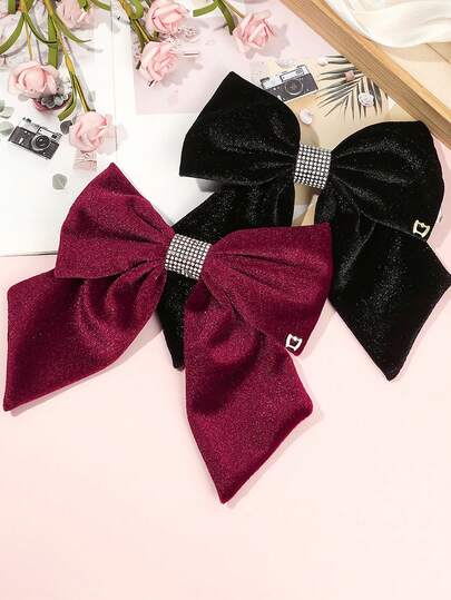 1个女士大号蝴蝶结发夹，黑色蝴蝶结发饰，大蝴蝶结发夹，法式发夹，带天鹅绒蝴蝶结，纯色马尾辫发饰（黑色和酒红色）