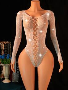Women's Sexy Lingerie Fishnet Hollow Out Bodysuit Seductive Rhinestone Long Sleeve Teddy Lingerie Deep Neck Night Club Party Outfit