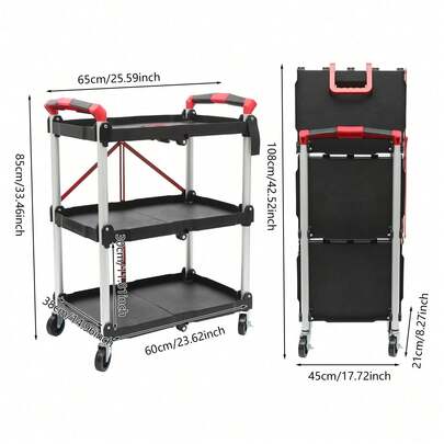 SanBouSi Foldable Rolling Service Cart Kitchen Storage Cart 3-Tier Service Carts With Wheels
