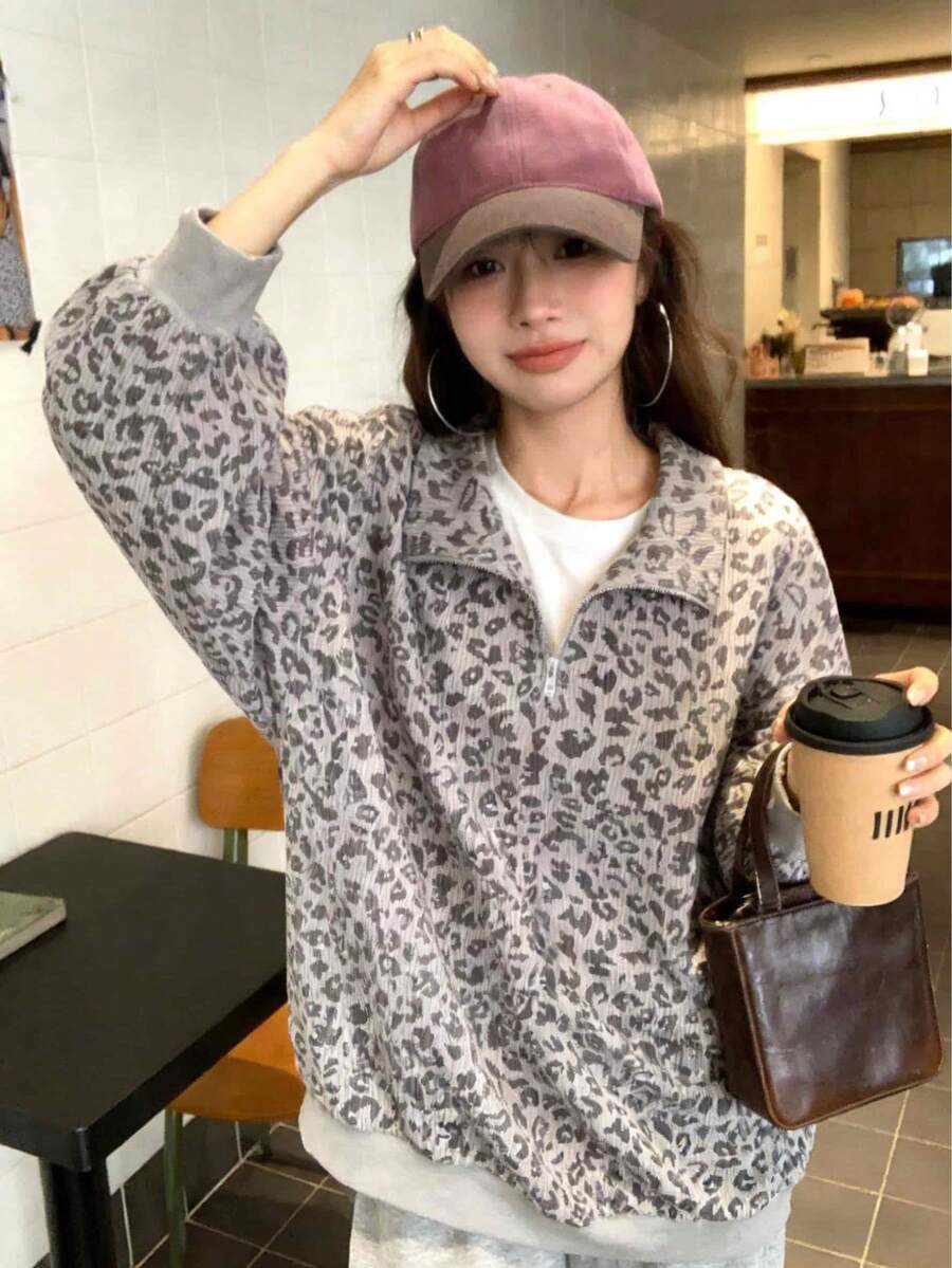 Y2K Leopard Corduroy Half-Zip Oversized Pullover (Cozy Lazy Vibe Top) - 灰色*春秋百搭 - 查看 1
