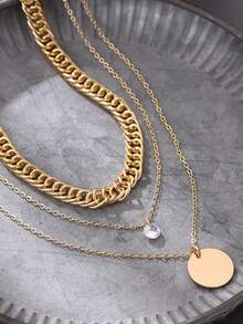 3pcs/Set Women Layered Necklace Set, Classic Fashion Geometric Circle Sequin & Shiny Cubic Zirconia Pendant, Suitable For Beach Vacation Wear - Yellow Gold - View 3