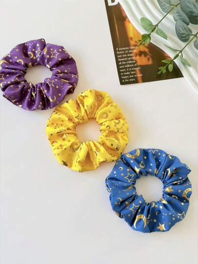 3pcs Ramadan Women Shiny Metallic Star & Moon Print Hair Scrunchies, Blue, Yellow, Purple, Hair Accessories Headband Ponytail Holder, Suitable For Festivals, Parties, Daily Wear ,Hair Elastics ,Hair Rope ,Elastic Hair Tie
