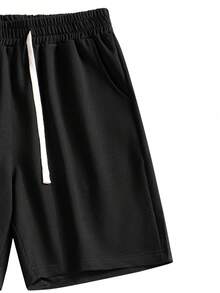 Unisex Black Knit Shorts, Lightweight, Casual, American Style, Relaxed Fit, Breathable, Couple Matching, Summer - Black - View 5