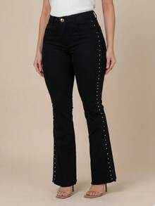Women's Black Flare Jeans With High-Waisted Butt-Lifting Effect And Rhinestone Detail. - Side Rhinestones - View 4