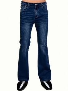 YANGCANREN Men's Casual Solid Color Slant Pocket Flared Jeans - Royal Blue - View 5