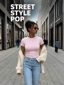 RRIVE Basic Soft Ribbed Baby Tee Slim Fit T-Shirt Solid Crew Neck Short Sleeve Tops For Women, Stretchy Basic Tee For Yoga Workout Gym Athleisure Casual Daily Wear Summer Spring Outfits Vacation Outfits Women - Hồng - Xem 4