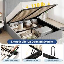 Allewie Full/Queen/King Size Lift-Up Storage Bed Frame With Modern Wingback Headboard, Corduroy Upholstered Platform Bed, Hydraulic Gas Lift Support, Underbed Storage, Wooden Slats, No Box Spring Needed, Grey - 灰色 - 查看 5