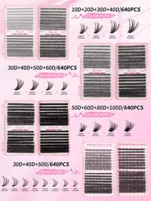 640/384片D型卷翘睫毛嫁接套装，包含10D、20D、30D、40D、50D、60D、80D和100D款式，适合初学者尝试不同的妆容。套装包含10-16毫米混合长度的睫毛，包括自然款、簇状款、蓬松款、浓密款和混合款。采用自粘式可重复使用的睫毛簇、单根睫毛、假睫毛等。 - D - 查看 7