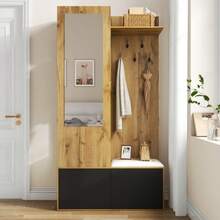 The Wardrobe Set Includes 5 Hooded Hooks, A Mirror, A Shoe Cabinet, A Top Shelf With A Hidden Tapestry Area And A Wardrobe Bench In The Hallway. - Black - View 7