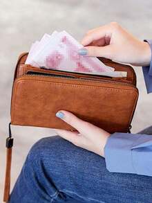 New Oiled Leather Long Zipper Large Capacity Clutch Bag, Casual & Fashionable - Brown - View 9