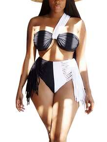 Women's Sexy Contrast Color Bikini, Sleeveless Off-shoulder Tops Briefs Swimsuit, Classic Tassel Decoration Two-pieces Set - Blanco - Ver 8