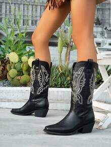 女士西部牛仔靴，新款欧美西部风格，饰以传统刺绣，假日休闲方头低跟靴底，防滑耐磨，不易疲劳，适合牧场文化牛仔派对和街头文化时尚日常节日穿着。 - 黑色 - 查看 4