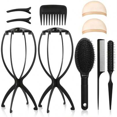 假发支架和假发梳套装，假发固定梳和假发帽，适用于真人发和合成发