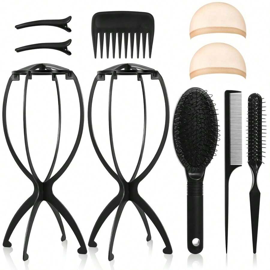 假发支架和假发梳套装，假发固定梳和假发帽，适用于真人发和合成发 - 黑色 - 查看 1
