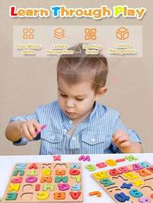 Rompecabezas de madera 4 en 1 adecuado para niños pequeños, rompecabezas de formas y letras para niños de 3+ años, rompecabezas de madera Montessori, rompecabezas de madera de formas y números del alfabeto para niños y niñas - Multicolor - Ver 3