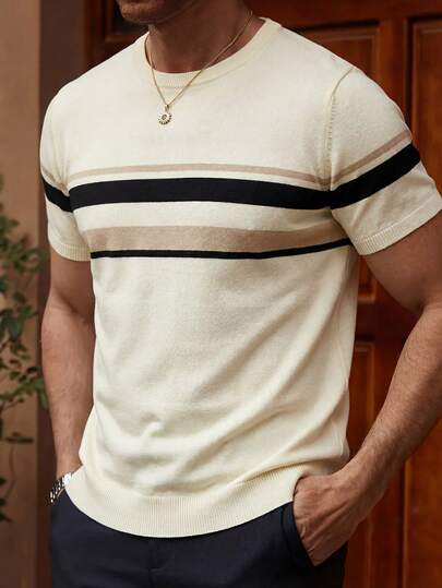 男士拼接短袖针织圆领上衣