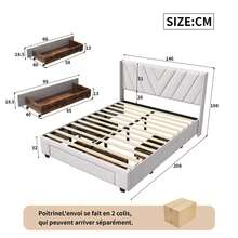 ZSSWSS Cama doble con 3 cajones, 140/160 x 200 cm, cabecero de rayas, somier de láminas, estilo escandinavo, cama tapizada, cama con cajones, lino, beige - Beis - Ver 12