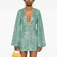 Women Sequin Losses Dress V Neck Long Sleeve Cocktail Party Dresses - 綠色 - 查看 1