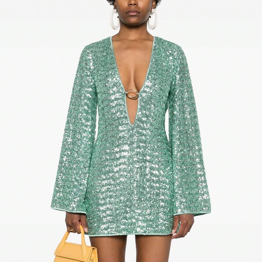 Women Sequin Losses Dress V Neck Long Sleeve Cocktail Party Dresses - 綠色 - 查看 1