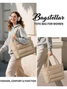 Puffer Tote Bag For Women, Lightweight Puffy Work Handbag Teacher Nurse Quilted Shoulder Bag For School Travel Gym - Lạc đà - Xem 8