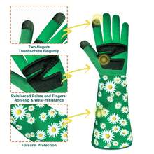 1 Pair Long Gardening Gloves With Breathable & Puncture-Resistant Fabric, Floral Print, Suitable For All Seasons - Green - View 3
