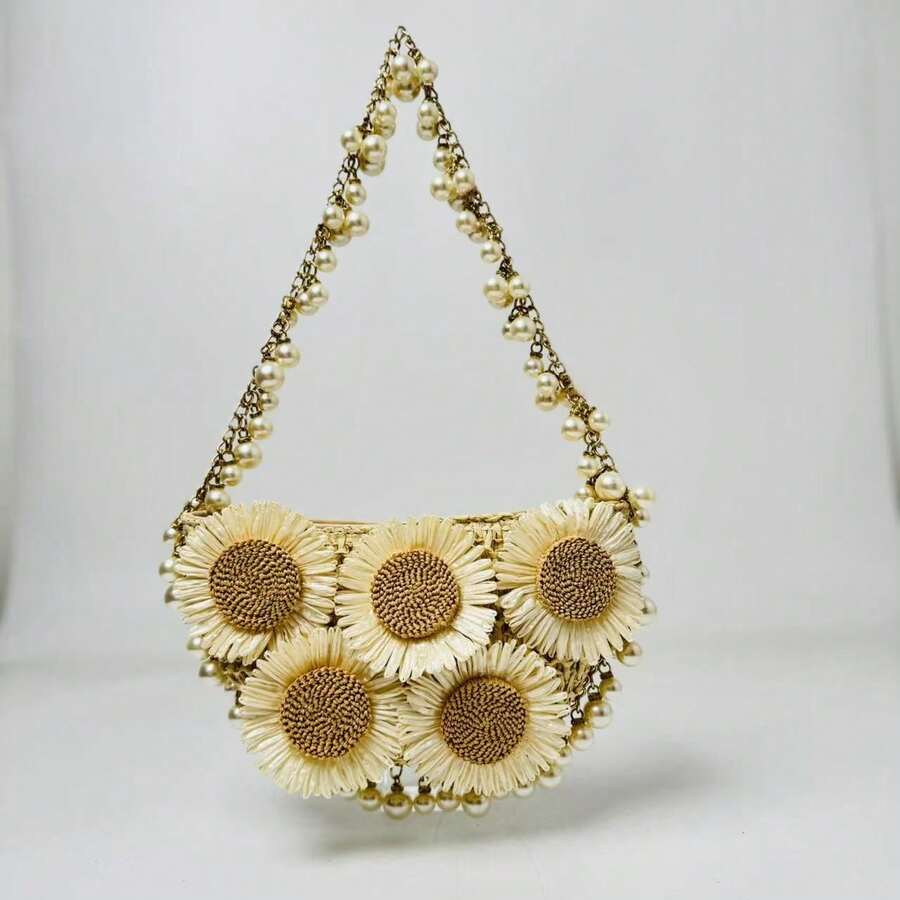 Pearl Chain Decor Straw Woven Shoulder Bag, Women's Holiday Vacation Bag With Flower Decor Straw Woven Shoulder Bag, Ideal For Summer Beach Travel Vacation, Outdoor Activities, Holiday Essential - Beige - View 1