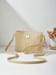 Fashionable New Straw Woven Shoulder Crossbody Bag, Clutch Handbag - Gold - View 1