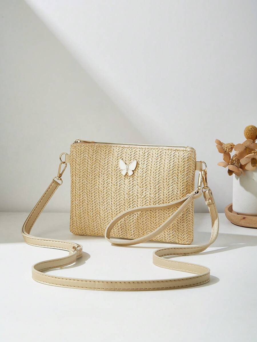 Fashionable New Straw Woven Shoulder Crossbody Bag, Clutch Handbag - Gold - View 1