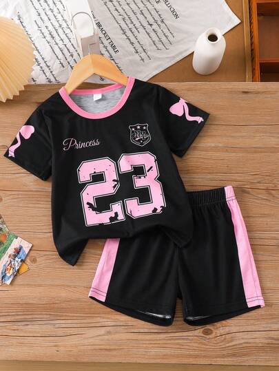 2pcs Summer Round Neck Short Sleeve T-Shirt And Shorts Set, Butterfly Print, Lightweight Breathable, Suitable For Outdoor Sports And Daily Wear, Girls T-Shirt 2-Piece Set