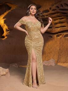 Faeriesty Plus Size Women's Glamorous Off-Shoulder Formal Evening Gown - Stunning Sequin Embellished Long Dress, Daring High Slit And Fitted Silhouette - Perfect For Gala Dinners, New Year Parties, VIP Galas, Red Carpet Premieres And Exclusive Anniversary Celebrations - Champagne - View 1