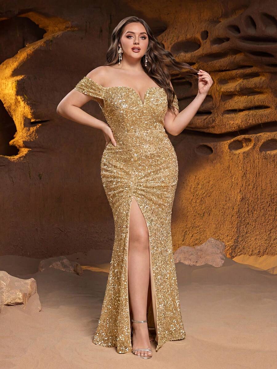 Faeriesty Plus Size Women's Glamorous Off-Shoulder Formal Evening Gown - Stunning Sequin Embellished Long Dress, Daring High Slit And Fitted Silhouette - Perfect For Gala Dinners, New Year Parties, VIP Galas, Red Carpet Premieres And Exclusive Anniversary Celebrations - Champagne - View 1