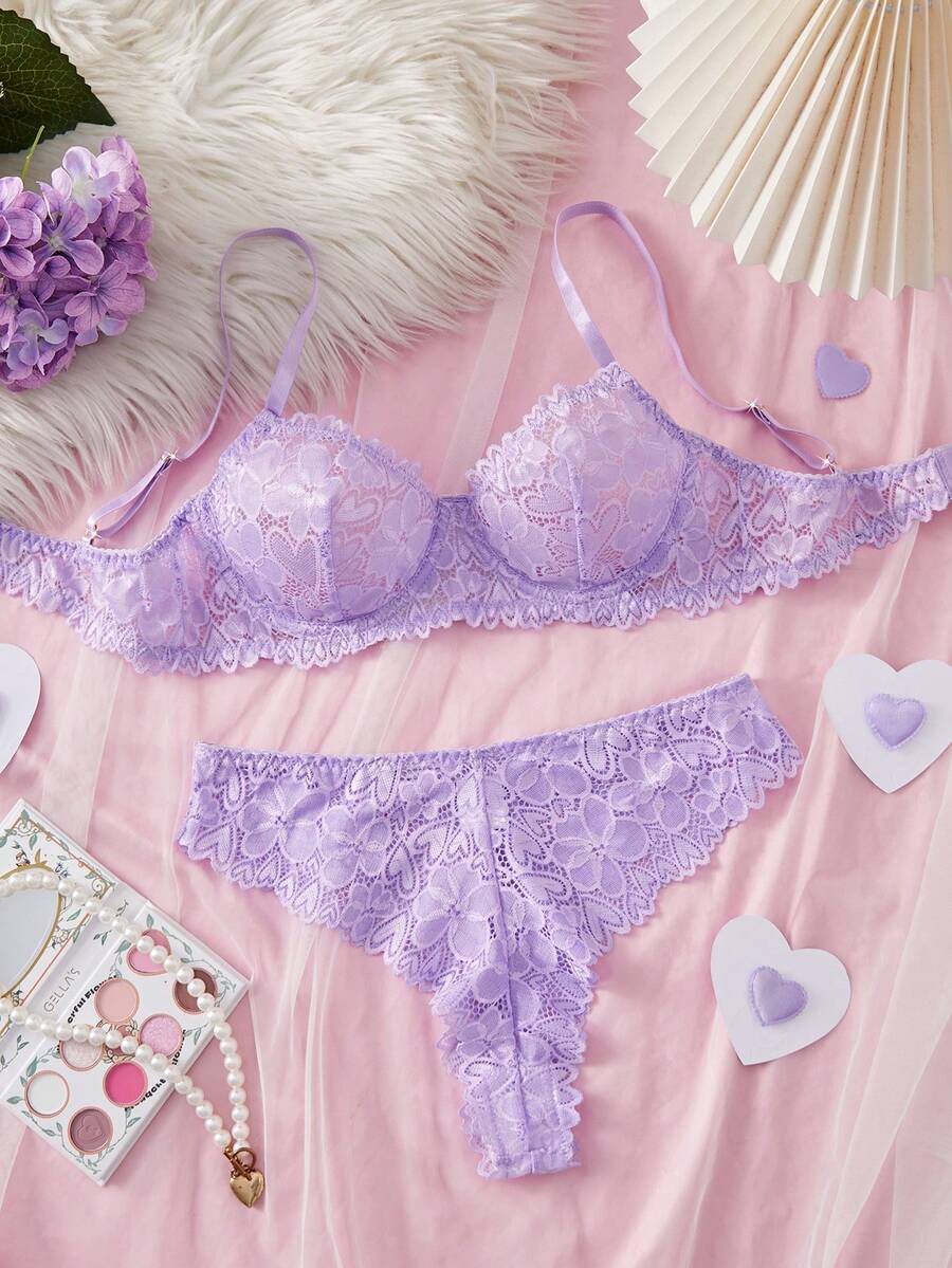Lace Trim Sexy Lingerie Set For Women - Lilac Purple - View 1