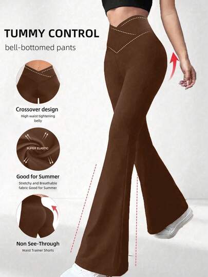 Women's Tummy Control Crossover High Waist Flare Leg Pants Long Super Elastic Non See-Through Bell Bottoms Spring