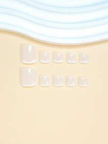 用24片方形按压式脚趾甲片，打造简约优雅的法式白色美甲，奶油色底色，时尚新颖，云白色法式图案，全覆盖式假脚趾甲套装，适合女性和女孩。套装包含1张粘合贴片和1片迷你凝胶贴片。随机发货。 - 白色 - 查看 3