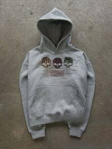 Men's American Street Personality Spring Wear Men's And Women's  Letter Skull Same Simple Style Print Pattern Hoodie - 灰色骷髏衛衣 - 查看 3