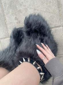 Women's Winter Furry Snow Boots For Women Fuzzy Fluffy Round Toe Suede Booties Flat Heel Slip On Outdoor Indoor Shoes EdgyElongate Fashion Warm Fluffy Christmas Shoes - 黑色 - 查看 7