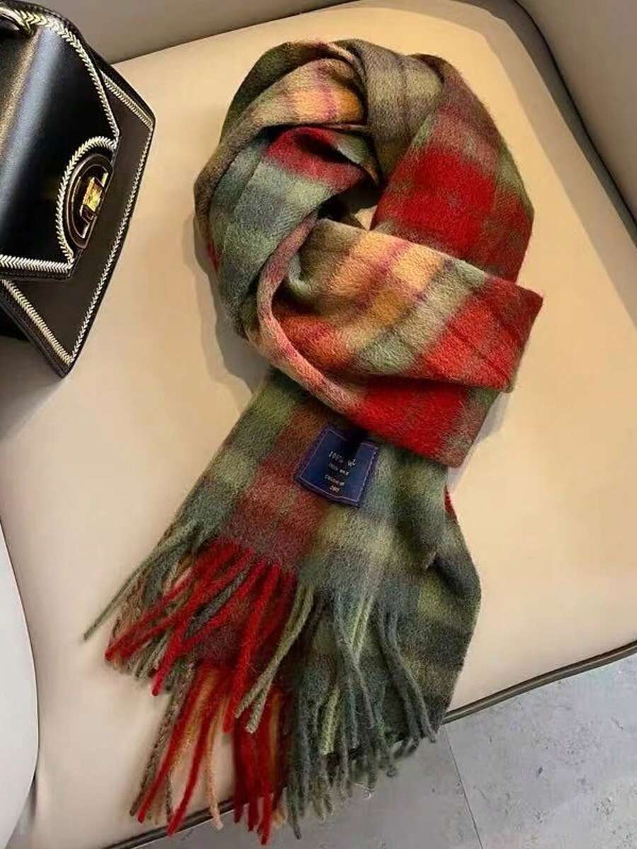 1条100%纯羊毛格子围巾/披肩，女士款，高品质冬季保暖围脖，生日礼物 - 紅綠色 - 查看 1