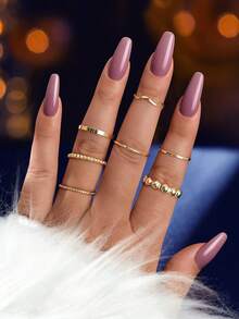 7 Buah Aksesoris Cincin Jari Tengah Logam Emas yang Dapat Ditumpuk untuk Pesta dan Perhiasan Sehari-hari untuk Wanita - Emas - View 1