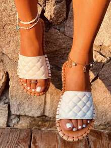 Sandalias de playa a cuadros blancos, chanclas de suela de cuerda de talla grande de estilo casual, atuendos de primavera y verano - Blanco - Ver 4