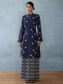 Bộ 2 món Baju Pahang nữ thanh lịch, cổ tàu, in họa tiết, tay dài, phù hợp cho mặc hàng ngày và ngày lễ. - Màu xanh hải quân - Xem 1