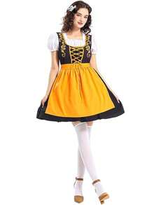橙色女士慕尼黑啤酒节服装，包含围裙，巴伐利亚传统服饰，适合狂欢节、万圣节、女仆派对等场合。 - 橘色 - 查看 4